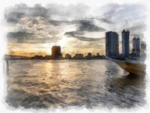 Paisagem Rio Chao Phraya Banguecoque Crepúsculo Tempo Aquarela Estilo Ilustração — Fotografia de Stock