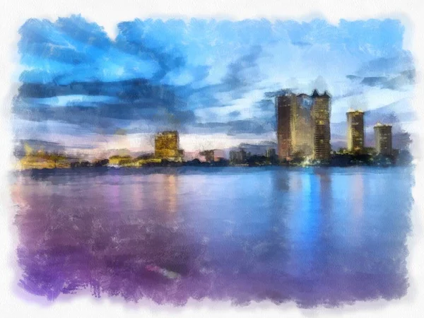 Landschaft Des Chao Phraya Flusses Bangkok Der Dämmerung Zeit Aquarell — Stockfoto