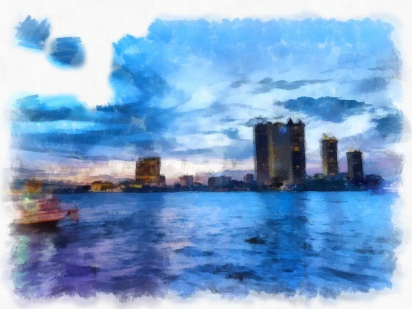 黄昏时分曼谷朝弗拉亚河景观水彩画风格的印象派绘画 — 图库照片