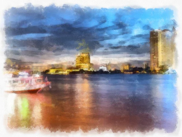 Paisagem Rio Chao Phraya Banguecoque Crepúsculo Tempo Aquarela Estilo Ilustração — Fotografia de Stock