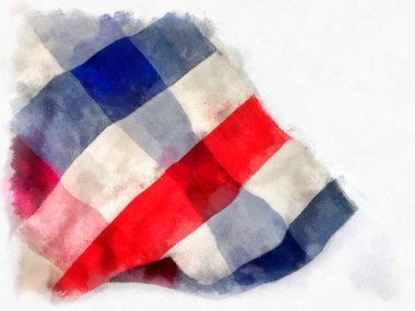 Tayland 'da ekose kumaş ya da peştamal, beyaz, mavi, beyaz arka planda kırmızı. suluboya resim çizimi empresyonisti