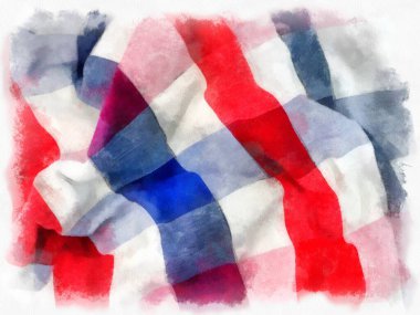 Tayland 'da ekose kumaş ya da peştamal, beyaz, mavi, beyaz arka planda kırmızı. suluboya resim çizimi empresyonisti