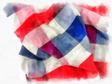 Tayland 'da ekose kumaş ya da peştamal, beyaz, mavi, beyaz arka planda kırmızı. suluboya resim çizimi empresyonisti