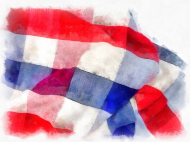 Tayland 'da ekose kumaş ya da peştamal, beyaz, mavi, beyaz arka planda kırmızı. suluboya resim çizimi empresyonisti