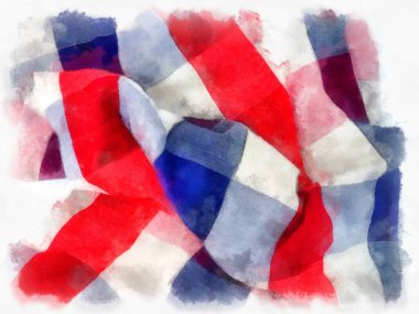 Tayland 'da ekose kumaş ya da peştamal, beyaz, mavi, beyaz arka planda kırmızı. suluboya resim çizimi empresyonisti