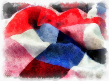 Tayland 'da ekose kumaş ya da peştamal, beyaz, mavi, beyaz arka planda kırmızı. suluboya resim çizimi empresyonisti