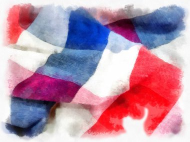 Tayland 'da ekose kumaş ya da peştamal, beyaz, mavi, beyaz arka planda kırmızı. suluboya resim çizimi empresyonisti