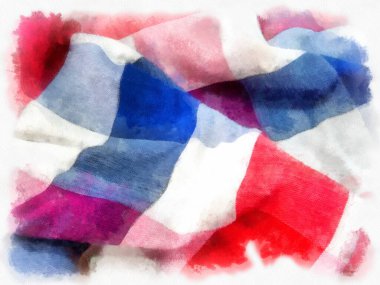 Tayland 'da ekose kumaş ya da peştamal, beyaz, mavi, beyaz arka planda kırmızı. suluboya resim çizimi empresyonisti