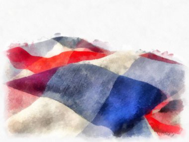 Tayland 'da ekose kumaş ya da peştamal, beyaz, mavi, beyaz arka planda kırmızı. suluboya resim çizimi empresyonisti