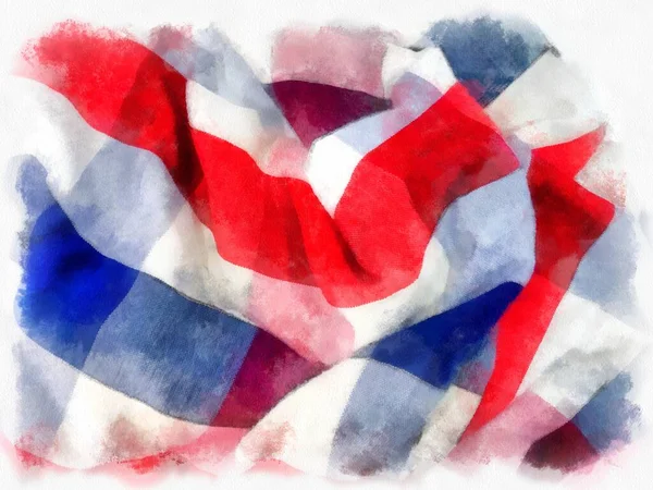 Tayland 'da ekose kumaş ya da peştamal, beyaz, mavi, beyaz arka planda kırmızı. suluboya resim çizimi empresyonisti