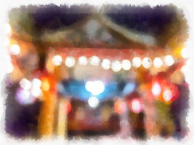 Gece antik bir Çin tapınağının manzarası renkli fenerlerle suluboya resim çizimi izlenimcisi.