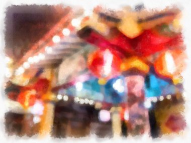 Gece antik bir Çin tapınağının manzarası renkli fenerlerle suluboya resim çizimi izlenimcisi.