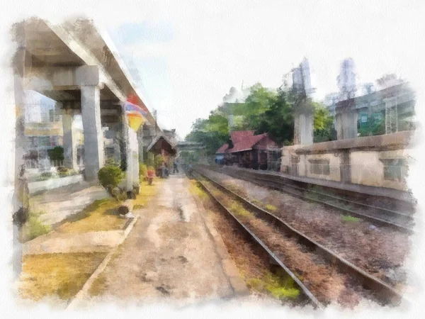 バンコクの鉄道や高架道路の風景水彩画スタイルのイラスト印象派絵画 — ストック写真