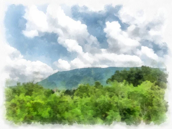 白い雲と森 山と空の風景 水彩画風の印象派絵画 — ストック写真