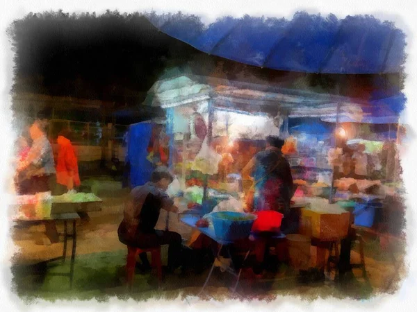 Marché Nuit Paysage Thaïlande Aquarelle Style Illustration Peinture Impressionniste — Photo