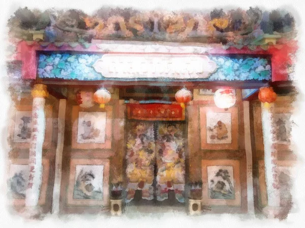 Paysage Ancien Sanctuaire Chinois Nuit Avec Des Lanternes Colorées Aquarelle — Photo