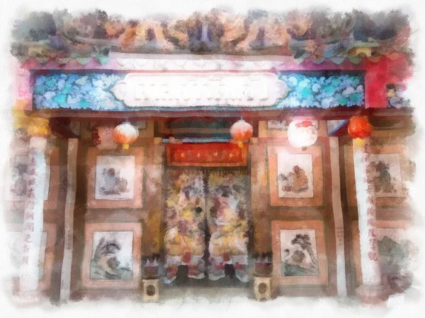 Τοπίο Ενός Αρχαίου Κινεζικού Ιερού Νύχτα Πολύχρωμα Φανάρια Ακουαρέλα Εικονογράφηση — Φωτογραφία Αρχείου