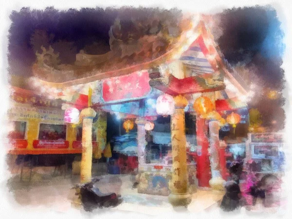 Τοπίο Ενός Αρχαίου Κινεζικού Ιερού Νύχτα Πολύχρωμα Φανάρια Ακουαρέλα Εικονογράφηση — Φωτογραφία Αρχείου