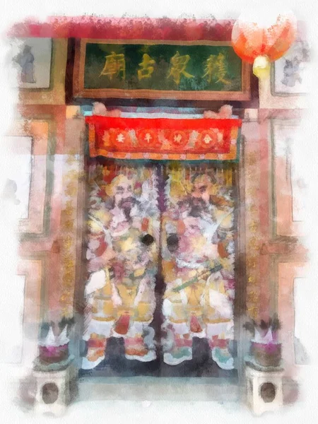 Пейзаж Стародавнього Китайського Святилища Вночі Барвистими Ліхтарями Акварельний Стиль Ілюстрації — стокове фото
