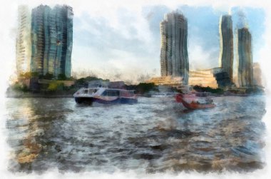 Bangkok 'taki Chao Phraya Nehri manzarası, Tayland suluboya resim ressamı.