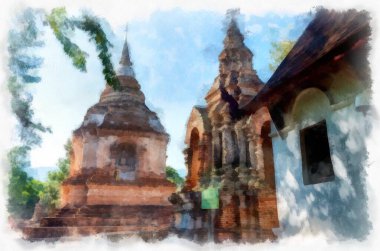 Tayland 'ın kuzeyinde antik mimari, sanat, mimari ve sanat kalıntılarının çok güzel sıva tasarımları vardır. suluboya resim çizimi empresyonisti
