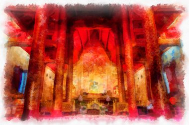 Kuzeydeki antik mimarinin iç mimarisi, Tayland mimari sanatı suluboya resim ressamı.