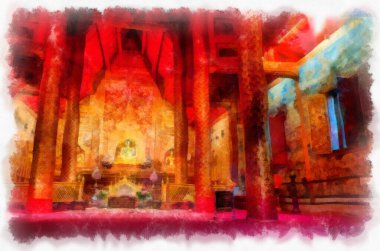 Kuzeydeki antik mimarinin iç mimarisi, Tayland mimari sanatı suluboya resim ressamı.