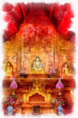 Kuzeydeki antik mimarinin iç mimarisi, Tayland mimari sanatı suluboya resim ressamı.