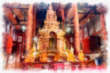 Kuzeydeki antik mimarinin iç mimarisi, Tayland mimari sanatı suluboya resim ressamı.