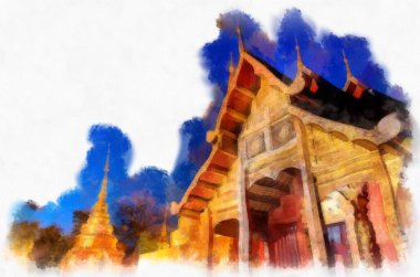 Kuzey Tayland 'da antik mimari suluboya resim çizimi