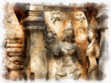 Tayland 'ın kuzeyinde antik mimari, sanat, mimari ve sanat kalıntılarının çok güzel sıva tasarımları vardır. suluboya resim çizimi empresyonisti