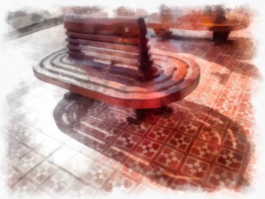 Tahta koltuklar Tayland tren istasyonunda suluboya resim çiziminde tren bekliyor.