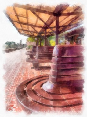 Tahta koltuklar Tayland tren istasyonunda suluboya resim çiziminde tren bekliyor.