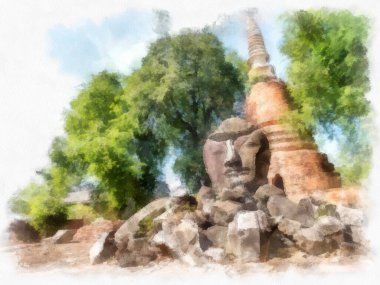 Ayutthaya 'daki antik harabelerin manzarası Dünya Mirası Sitesi suluboya resim illüstrasyon ressamı