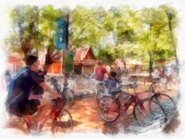 Sabahleyin parkta halka açık bisiklet parkı. suluboya resim çizimi empresyonisti