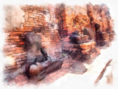 Ayutthaya 'daki antik harabelerin manzarası Dünya Mirası Sitesi suluboya resim illüstrasyon ressamı