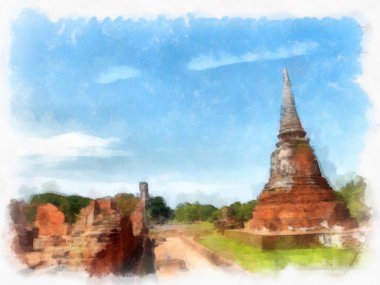 Ayutthaya 'daki antik harabelerin manzarası Dünya Mirası Sitesi suluboya resim illüstrasyon ressamı