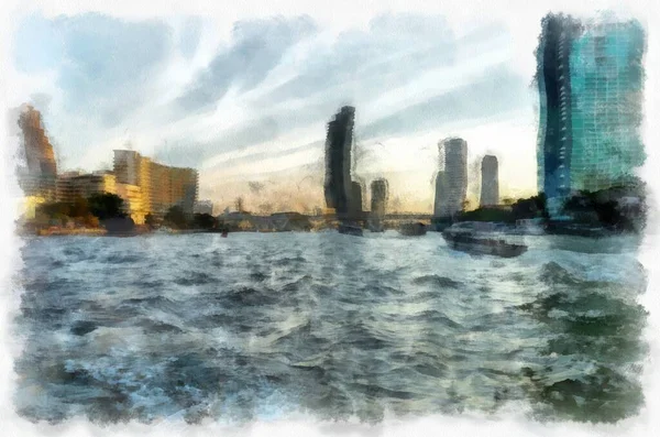 Krajobraz Rzeki Chao Phraya Bangkoku Akwarela Styl Ilustracji Impresjonistyczne Malarstwo — Zdjęcie stockowe