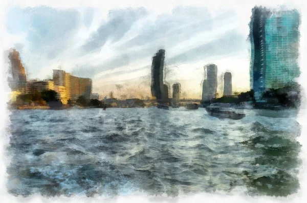 Paesaggio Del Fiume Chao Phraya Bangkok Acquerello Stile Illustrazione Impressionista — Foto Stock