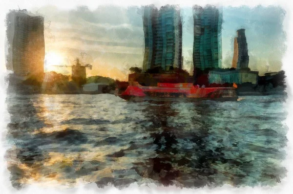 Τοπίο Του Ποταμού Chao Phraya Στην Μπανγκόκ Ακουαρέλα Στυλ Εικονογράφηση — Φωτογραφία Αρχείου