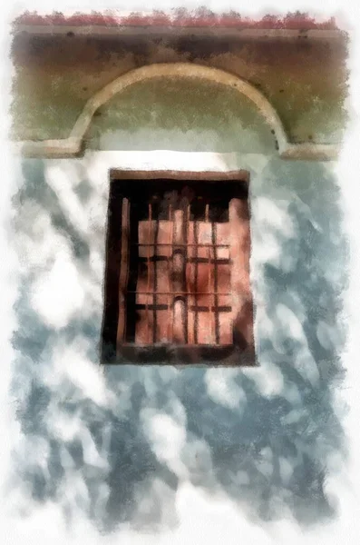 Древні Дерев Яні Вікна Північне Тайське Архітектурне Мистецтво Акварель Імітує — стокове фото