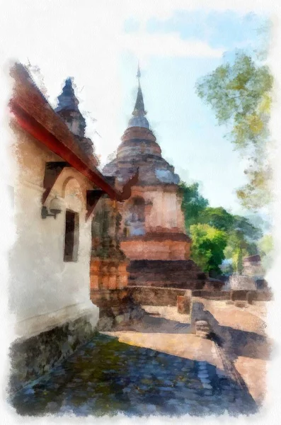 Architecture Ancienne Dans Nord Thaïlande Aquarelle Style Illustration Peinture Impressionniste — Photo