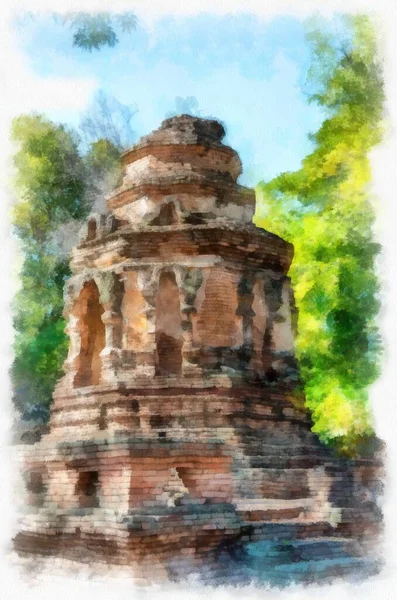 タイ北部の古代建築 芸術の遺跡には美しいスタッコのデザインがあります 水彩画風の印象派絵画 — ストック写真