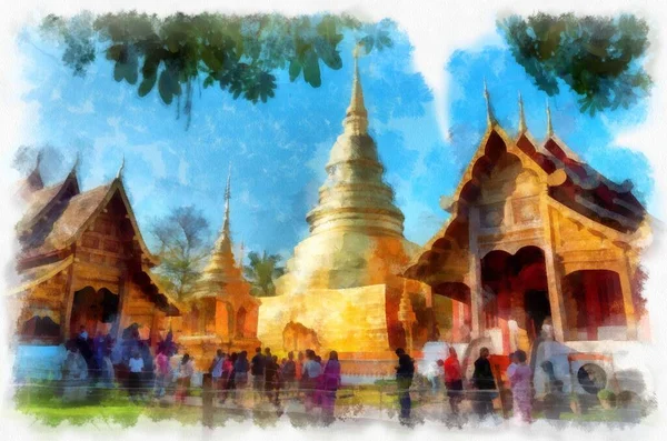 Αρχαία Αρχιτεκτονική Στη Βόρεια Ταϊλάνδη Ακουαρέλα Εικονογράφηση Ιμπρεσιονιστική Ζωγραφική — Φωτογραφία Αρχείου