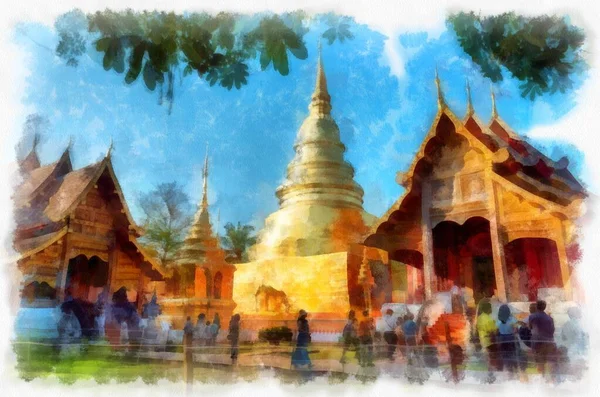 Arquitectura Antigua Norte Tailandia Acuarela Estilo Ilustración Pintura Impresionista — Foto de Stock