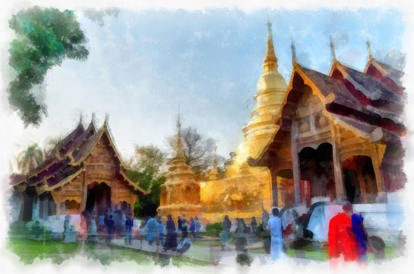 Architettura Antica Nel Nord Della Thailandia Acquerello Stile Illustrazione Impressionista — Foto Stock
