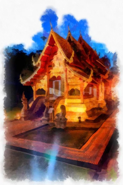 Kuzey Tayland Antik Mimari Suluboya Resim Çizimi — Stok fotoğraf