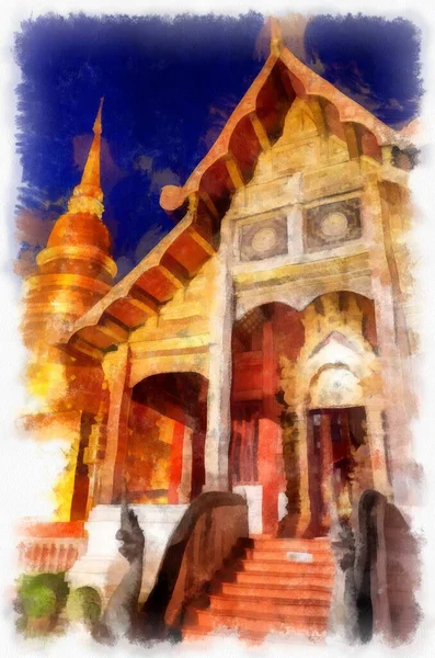 Ősi Építészet Észak Thaiföldön Akvarell Stílusú Illusztráció Impresszionista Festmény — Stock Fotó