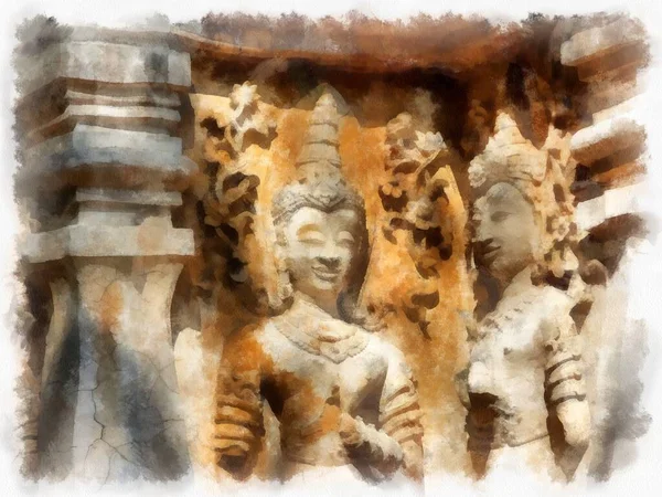 泰国北部的古建筑 艺术遗迹都有漂亮的粉刷图案 水彩画风格图解印象派绘画 — 图库照片