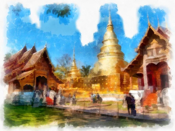 Starověká Architektura Severním Thajsku Akvarel Styl Ilustrace Impresionistická Malba — Stock fotografie